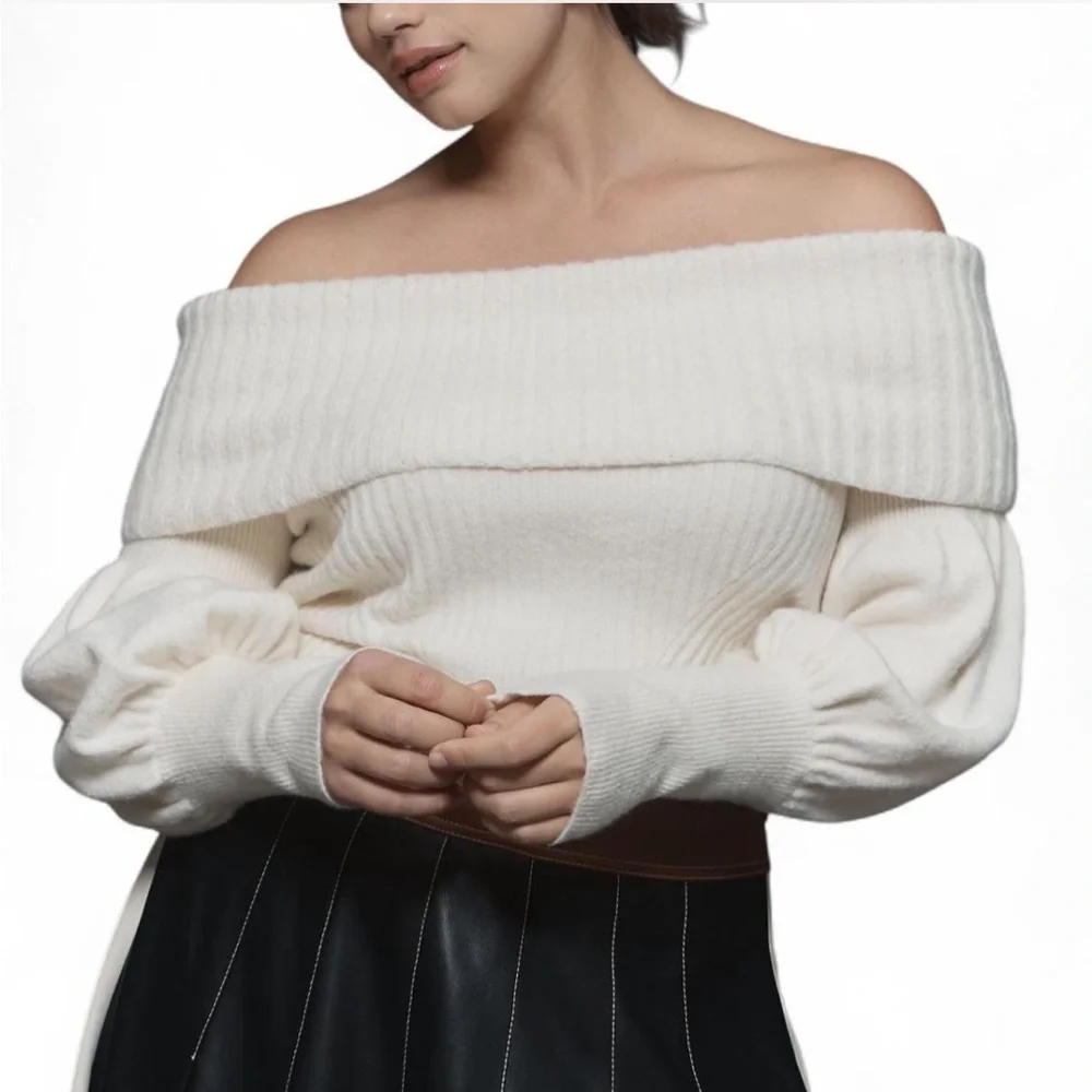 Anthropologie Tessa Off-The-Shoulder Puff-Sleeve Sweater Ivory Knit Plus Size - Picture 3 of 11